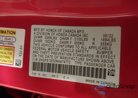 2022 Honda Civic Si Sedan from USA, damaged, VIN 2HGFE1E52NH474770